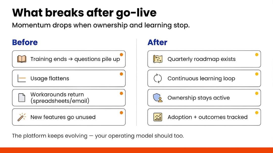 Business team reviewing a change management roadmap for ongoing modernization after go-live