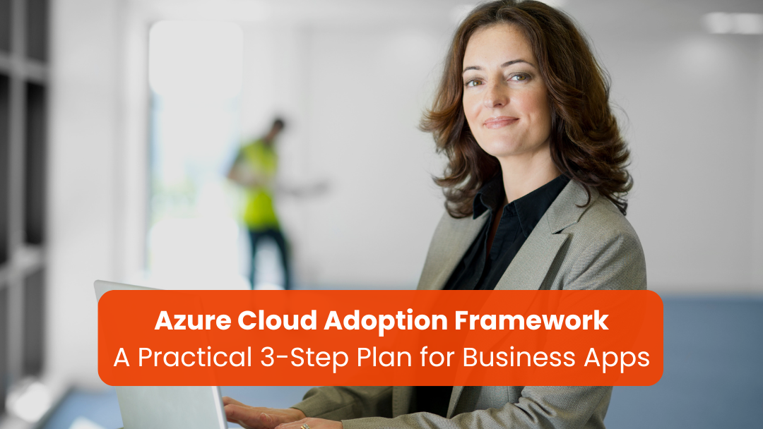 Illustration of a UK-focused business cloud transformation strategy showing Azure cloud adoption framework steps for planning, landing zone readiness, and governance for business apps.