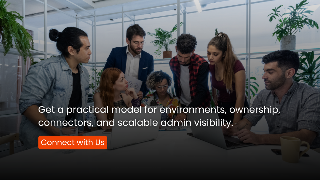 Enterprise Power Platform admin screen highlighting governance insights, environment management, usage monitoring, and compliance controls