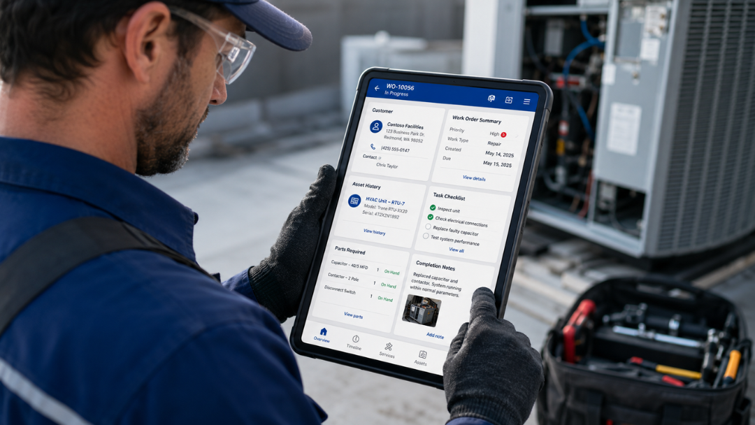 Technician reviewing a clear work order on a mobile device with asset history, tasks, and service notes in Dynamics 365 Field Service.