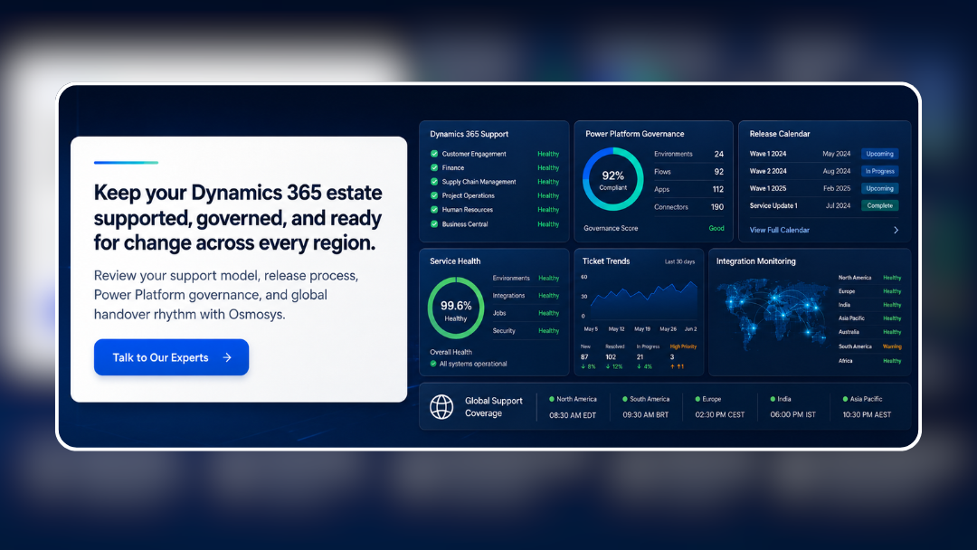 Dynamics 365 managed services CTA banner showing Power Platform governance, release management, service health, and global support review.