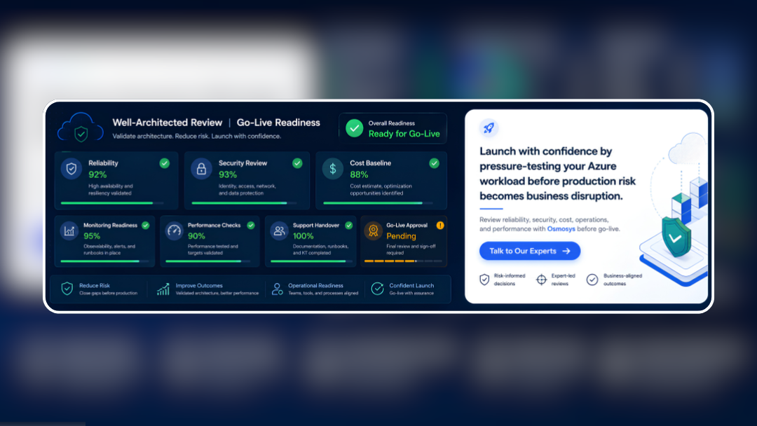 Azure Well-Architected Review CTA banner showing cloud go-live readiness, architecture review, monitoring, security, cost, and performance checks.