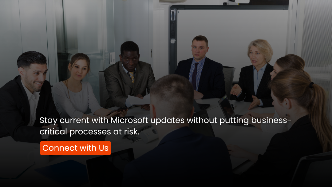 Dynamics 365 release management CTA showing tested Power Platform updates moving through approval, deployment, and production monitoring.