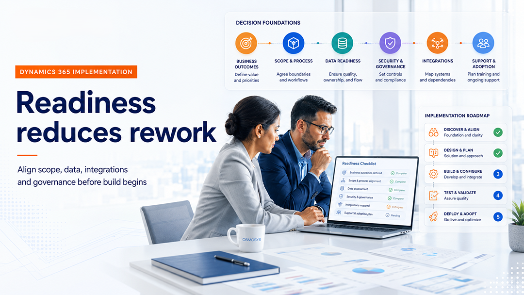 Digital readiness roadmap showing scope, data, integrations and governance aligned before Dynamics 365 build starts.