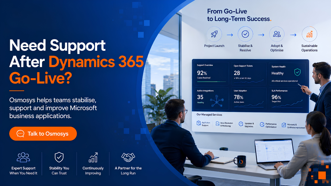 Osmosys managed services banner for Dynamics 365 post-go-live support and Microsoft business application improvement.