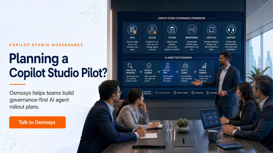 Osmosys Copilot Studio governance banner for planning safe enterprise AI agent pilots and rollout.