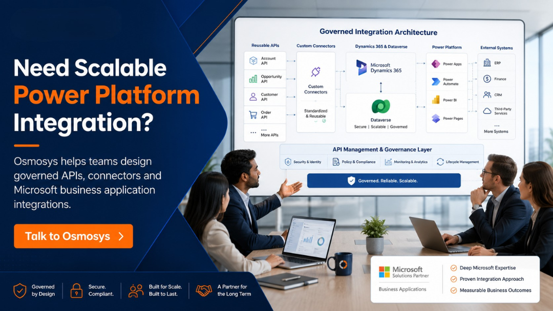 Osmosys CTA banner for scalable Power Platform integration using governed Dynamics 365 custom APIs and connectors.